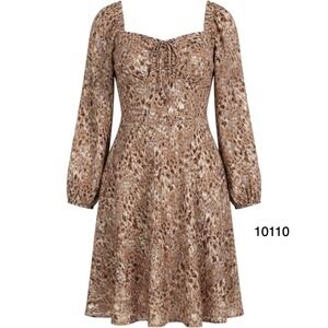 Charmed Hearts Fit & Flare Dress Womens Large Brown Animal Print Smocked Back